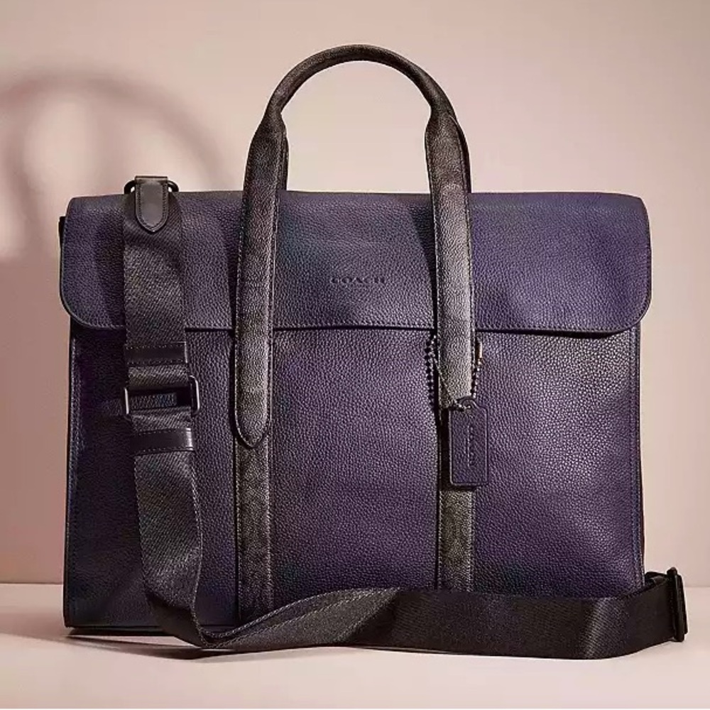 COACH Metropolitan Portfolio Navy Leather Signature Canvas Blocking Briefcase